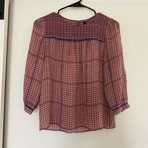Madewell 100% Silk Peasant Blouse Sheer Lightweight Fall Tunic Checkered Retro